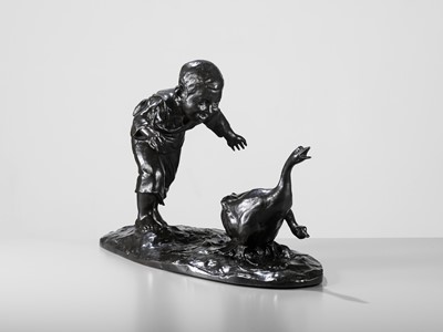 Lot 139 - MASAAKI: A MASSIVE TOKYO SCHOOL BRONZE OKIMONO OF A BOY CHASING GEESE