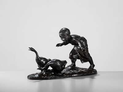 Lot 139 - MASAAKI: A MASSIVE TOKYO SCHOOL BRONZE OKIMONO OF A BOY CHASING GEESE