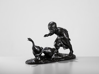 Lot 139 - MASAAKI: A MASSIVE TOKYO SCHOOL BRONZE OKIMONO OF A BOY CHASING GEESE