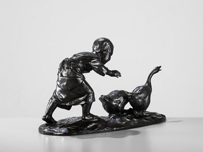 Lot 139 - MASAAKI: A MASSIVE TOKYO SCHOOL BRONZE OKIMONO OF A BOY CHASING GEESE