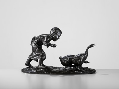 Lot 139 - MASAAKI: A MASSIVE TOKYO SCHOOL BRONZE OKIMONO OF A BOY CHASING GEESE