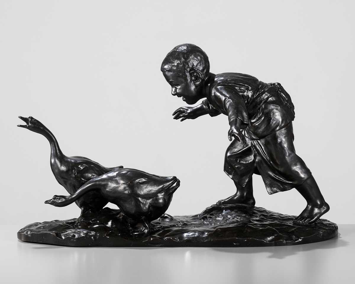 Lot 139 - MASAAKI: A MASSIVE TOKYO SCHOOL BRONZE OKIMONO OF A BOY CHASING GEESE