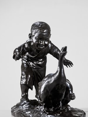 Lot 139 - MASAAKI: A MASSIVE TOKYO SCHOOL BRONZE OKIMONO OF A BOY CHASING GEESE