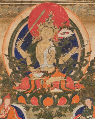 Lot 304 - A THANGKA DEPICTING CHATURBHUJA MANJUSHRI, TIBET, 18TH-19TH CENTURY