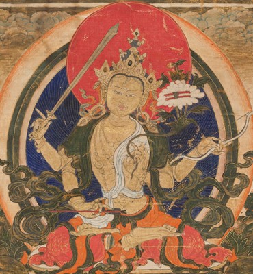 Lot 304 - A THANGKA DEPICTING CHATURBHUJA MANJUSHRI, TIBET, 18TH-19TH CENTURY