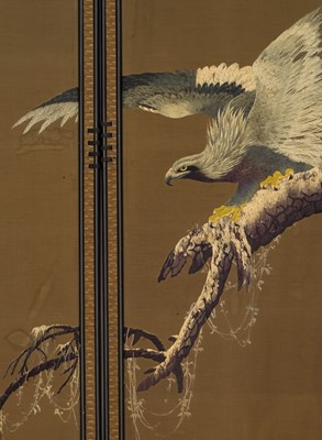 Lot 245 - A MAGNIFICENT FOUR-PANEL BYOBU SCREEN OF AN EAGLE PERCHED ON PINE, ATTRIBUTED TO NISHIMURA SOZAEMON, THE DESIGN BY IMAO KEINEN