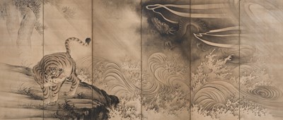 Lot 303 - A SUPERB KANO SCHOOL SIX-PANEL ‘TIGER AND DRAGON’ BYOBU SCREEN