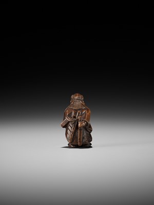 Lot 369 - A FINE ITTOBORI WOOD NETSUKE OF SHOKI, CARVED FOR THE TANGO-NO-SEKKU FESTIVAL