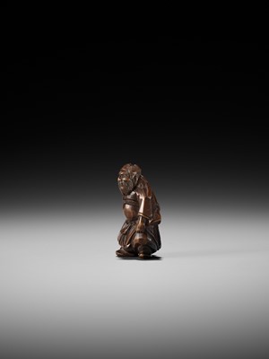 Lot 369 - A FINE ITTOBORI WOOD NETSUKE OF SHOKI, CARVED FOR THE TANGO-NO-SEKKU FESTIVAL