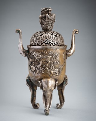 Lot 1018 - A SILVERED BRONZE ‘ELEPHANT’ TRIPOD CENSER AND OPENWORK COVER, 19TH CENTURY