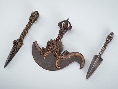 Lot 1049 - A GROUP OF THREE IRON AND BRONZE RITUAL OBJECTS, 18TH-19TH CENTURY