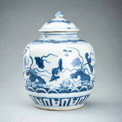 Lot 1241 - A BLUE AND WHITE ‘LOTUS POND’ PORCELAIN JAR WITH COVER, 17TH CENTURY