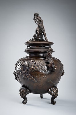 A LARGE BRONZE KORO AND COVER DEPICTING CRANES AND PINE, MEIJI PERIOD