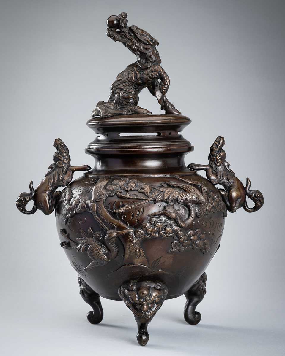 A LARGE BRONZE KORO AND COVER DEPICTING CRANES AND PINE, MEIJI PERIOD