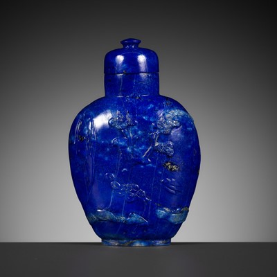 Lot 476 - A LAPIS LAZULI ‘MAGPIES AND PINES’ BALUSTER SNUFF BOTTLE, LATE 19TH CENTURY