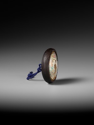 Lot 380 - A SATSUMA EARTHENWARE AND TAGAYASAN KAGAMIBUTA NETSUKE WITH A BIJIN