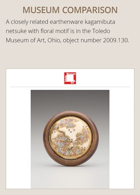 Lot 380 - A SATSUMA EARTHENWARE AND TAGAYASAN KAGAMIBUTA NETSUKE WITH A BIJIN