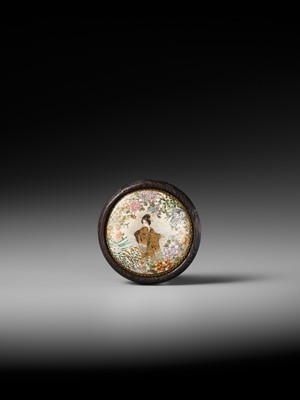 Lot 380 - A SATSUMA EARTHENWARE AND TAGAYASAN KAGAMIBUTA NETSUKE WITH A BIJIN