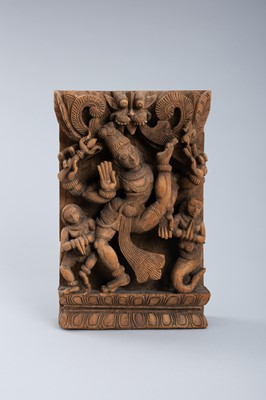 Lot 1635 - AN INDIAN WOOD RELIEF OF DANCING VISHNU