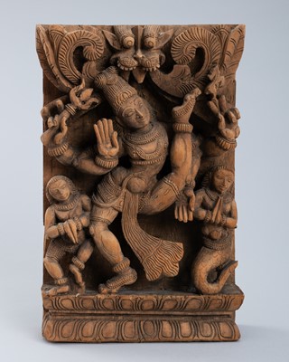 Lot 1635 - AN INDIAN WOOD RELIEF OF DANCING VISHNU