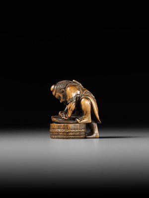 Lot 488 - HOKYUDO ITSUMIN: A FINE NETSUKE-OKIMONO OF SHOKI AND ONI