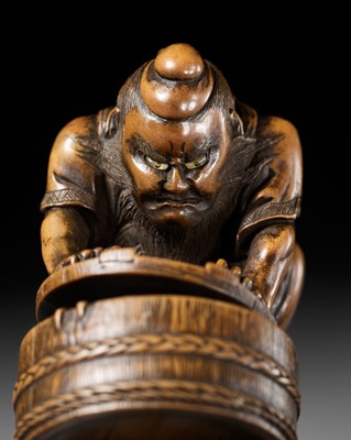 Lot 488 - HOKYUDO ITSUMIN: A FINE NETSUKE-OKIMONO OF SHOKI AND ONI