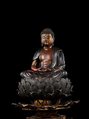 Lot 12 - A LACQUERED WOOD FIGURE OF AMIDA NYORAI, EDO PERIOD