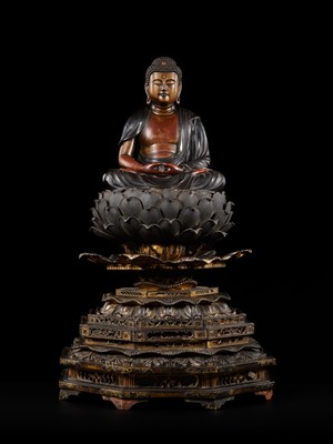 Lot 12 - A LACQUERED WOOD FIGURE OF AMIDA NYORAI, EDO PERIOD
