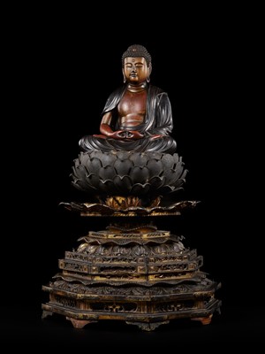 Lot 12 - A LACQUERED WOOD FIGURE OF AMIDA NYORAI, EDO PERIOD