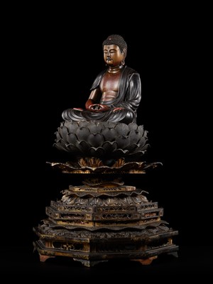 Lot 12 - A LACQUERED WOOD FIGURE OF AMIDA NYORAI, EDO PERIOD