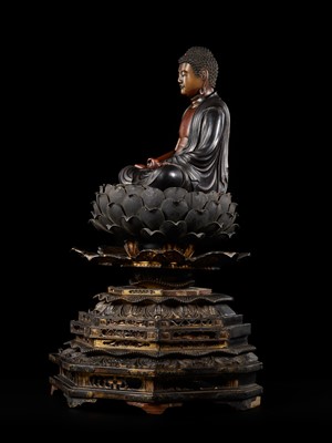 Lot 12 - A LACQUERED WOOD FIGURE OF AMIDA NYORAI, EDO PERIOD