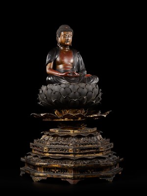 Lot 12 - A LACQUERED WOOD FIGURE OF AMIDA NYORAI, EDO PERIOD