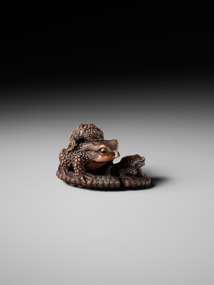 Lot 386 - MASANAO: A FINE WOOD NETSUKE OKIMONO OF A TOAD WITH TWO YOUNG ON WARAJI