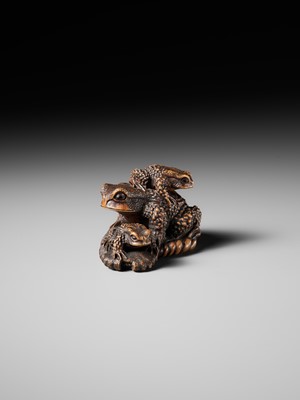 Lot 386 - MASANAO: A FINE WOOD NETSUKE OKIMONO OF A TOAD WITH TWO YOUNG ON WARAJI