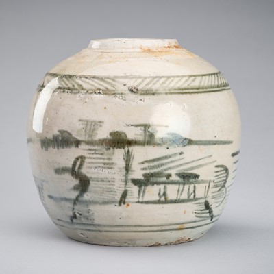 A BLUE AND WHITE PORCELAIN ‘FISHERMAN’ JAR, MING TO QING