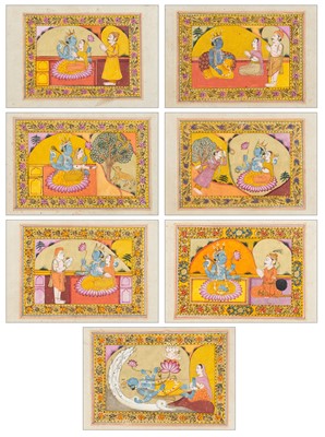 Lot 1645 - A GROUP OF SEVEN INDIAN MINIATURE PAINTINGS FROM THE LIFE OF LORD KRISHNA