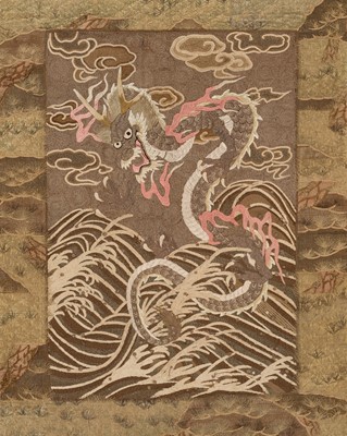 Lot 293 - A LARGE SILK EMBROIDERED WALL HANGING DEPICTING A CELESTIAL DRAGON