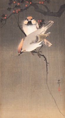 Lot 828 - OHARA KOSON: CEDAR WAXWINGS IN CHERRY TREE