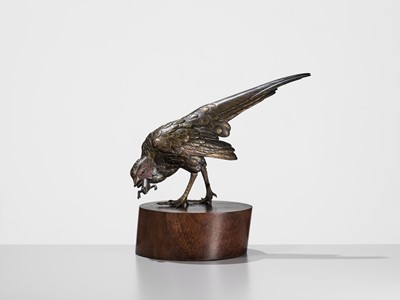 Lot 128 - AKASOFU GYOKKO: A FINE BRONZE OKIMONO OF A PHEASANT AND FROG