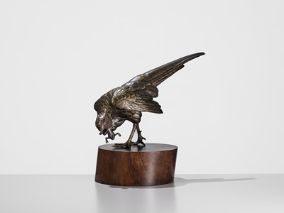 Lot 128 - AKASOFU GYOKKO: A FINE BRONZE OKIMONO OF A PHEASANT AND FROG