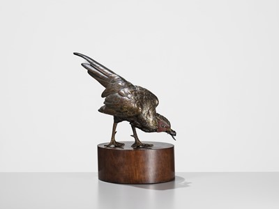 Lot 128 - AKASOFU GYOKKO: A FINE BRONZE OKIMONO OF A PHEASANT AND FROG