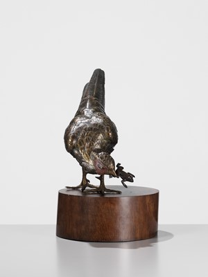 Lot 128 - AKASOFU GYOKKO: A FINE BRONZE OKIMONO OF A PHEASANT AND FROG