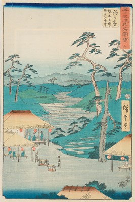 UTAGAWA HIROSHIGE: HODOGAYA, DISTANT VIEW OF THE KAMAKURA MOUNTAINS FROM THE BOUNDARY TREE POSTHOUSE