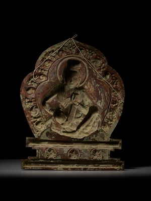 Lot 5 - A LARGE PARCEL-GILT COPPER REPOUSSÉ PLAQUE DEPICTING THE MAHASIDDHA NAROPA, TIBET, 18TH - 19TH CENTURY
