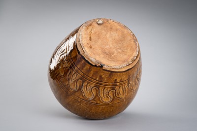 A LARGE, BROWN-GLAZED CERAMIC MARTABAN STORAGE JAR, 19th CENTURY