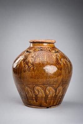 A LARGE, BROWN-GLAZED CERAMIC MARTABAN STORAGE JAR, 19th CENTURY