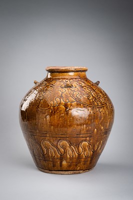 A LARGE, BROWN-GLAZED CERAMIC MARTABAN STORAGE JAR, 19th CENTURY