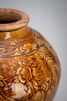 A LARGE, BROWN-GLAZED CERAMIC MARTABAN STORAGE JAR, 19th CENTURY