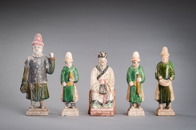 Lot 1236 - A GROUP OF FIVE POTTERY FIGURES, MING DYNASTY