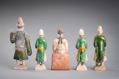 Lot 1236 - A GROUP OF FIVE POTTERY FIGURES, MING DYNASTY